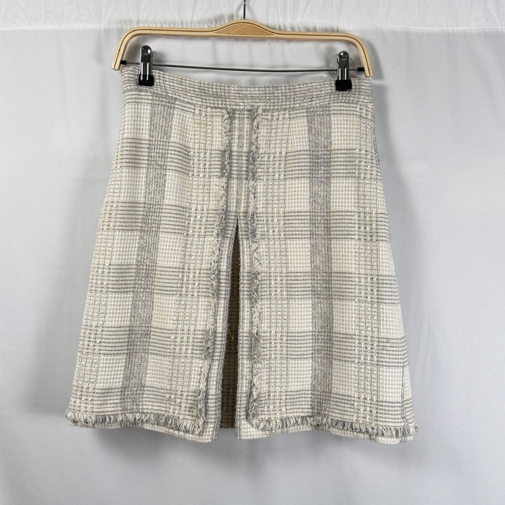 Brooks Brothers Tweed Plaid Fringed A-Line Skirt Pleated Grey Cream Womens 4